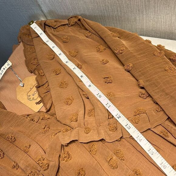 NEW Swiss Polka Dot Chiffon Dress Sz Small Pom Mini Tan Mocha Brown Long Sleeve - Picture 8 of 10